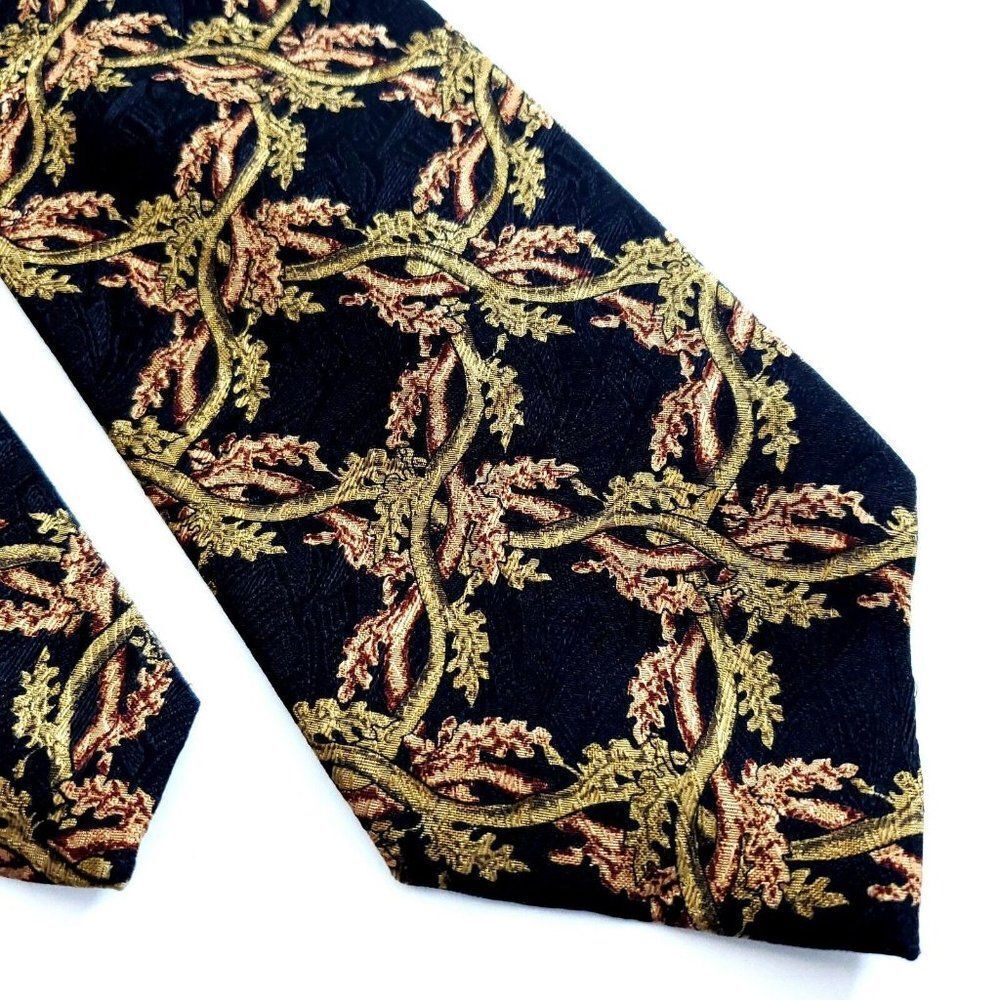 XMI Nordstrom Black Tan Brown Floral‎ Jacquard Print Short Wide Silk Tie